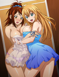 Rule 34 | 2girls, :d, ass, bachou mouki, bare arms, blonde hair, blue dress, blue scrunchie, blush, breast press, breasts, brown eyes, brown hair, cleavage, clothes pull, cowboy shot, dress, dress pull, embarrassed, fang, green eyes, hair between eyes, hair ornament, hair scrunchie, high ponytail, ikkitousen, large breasts, long hair, multiple girls, open mouth, panties, pink panties, pulling another&#039;s clothes, scrunchie, shiny skin, short dress, shoulder blades, sideboob, smile, sonsaku hakufu, standing, straight hair, topless, underwear, underwear only, yuri