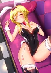 Rule 34 | 1girl, 1other, animal ears, black gloves, black hairband, black leotard, black thighhighs, blonde hair, blush, bow, breasts, checkered floor, collar, commentary request, couch, covered navel, detached collar, fake animal ears, frilled hairband, frilled leotard, frills, genshin impact, gloves, hairband, hands up, heart, heart-shaped pillow, highres, indoors, leotard, long hair, lumine (genshin impact), lying, medium breasts, minatsuki alumi, on back, on couch, out of frame, parted lips, pillow, rabbit ears, red bow, solo focus, strapless, strapless leotard, thighhighs, white collar, yellow eyes