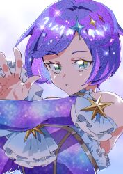 Rule 34 | 1girl, absurdres, ascot, backlighting, bare shoulders, commentary request, elbow gloves, ginga sadame, gloves, green eyes, hands up, high school! kiratto pri chan, highres, kiratto pri chan, looking at viewer, parted lips, pretty series, purple gloves, purple hair, short hair, simple background, solo, space print, sparkle, sparkle hair ornament, starry sky print, tsujii luki, upper body, white ascot, white background