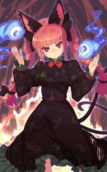 Rule 34 | 1girl, artist request, black dress, blunt bangs, bow, bowtie, braid, bright pupils, cat tail, closed mouth, dress, kaenbyou rin, long hair, long sleeves, nekomata, official art, red bow, red bowtie, red eyes, red hair, side braids, smile, solo, standing, tail, third-party source, touhou, touhou cannonball, twin braids, white pupils
