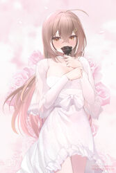 Rule 34 | 1girl, ahoge, black flower, black rose, blush, brown eyes, brown hair, covered mouth, covering own mouth, dress, flower, frilled dress, frills, holocouncil, hololive, hololive english, long hair, looking at viewer, mujinbensin, multicolored hair, nanashi mumei, petals, pink background, pink flower, pink rose, ribbon, rose, rose petals, solo, streaked hair, thighs, very long hair, virtual youtuber, white dress, white ribbon