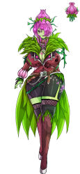 Rule 34 | 1girl, animal collar, artist name, belt, black skirt, breasts, chain, cleavage, collar, colored skin, fishnets, flower, green skin, hair flower, hair ornament, hair over one eye, highres, huge breasts, jacket, leaf, looking at viewer, monster girl, personification, petals, pink hair, plant, plantera, simple background, skirt, sprite, terraria, thick thighs, thighs, tntheaven, vines, yellow eyes