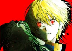 Rule 34 | 1other, androgynous, blonde hair, blue tabard, chain, crystal earrings, earrings, hunter x hunter, jewelry, kurapika, multiple rings, nen (hunter x hunter), red background, red eyes, ring, short hair, simple background, solo, sr draw, tabard, upper body