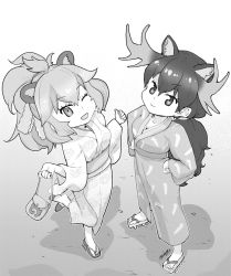 Rule 34 | 10s, 2girls, :&gt;, alternate hairstyle, animal ears, antlers, bag, commentary request, greyscale, handbag, hands on own hips, horns, japanese clothes, japari symbol, kemono friends, kimono, lion (kemono friends), lion ears, lion tail, mizu, monochrome, moose (kemono friends), moose ears, multiple girls, one eye closed, open mouth, sandals, standing, standing on one leg, tail