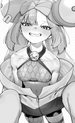 1girl absurdres bare_shoulders blush bow-shaped_hair breasts character_hair_ornament creatures_(company) crop_top game_freak gen_1_pokemon greyscale grin hair_ornament hexagon_print highres iono_(pokemon) jacket long_hair looking_at_viewer magnemite monochrome navel nintendo niwarhythm open_clothes open_jacket oversized_clothes pokemon pokemon_sv polka_dot polka_dot_background sharp_teeth single_leg_pantyhose sleeves_past_fingers sleeves_past_wrists small_breasts smile solo tank_top teeth thigh_strap