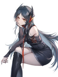 Rule 34 | + +, 1girl, arknights, bare shoulders, bilibilida, black hair, black shirt, black skirt, black sleeves, black socks, demon girl, demon horns, detached sleeves, feet out of frame, hand on own cheek, hand on own face, head rest, highres, horns, ines (arknights), invisible chair, jewelry, kneehighs, long hair, looking at viewer, multiple rings, ring, shirt, simple background, sitting, skirt, socks, solo, thighs, very long hair, white background, yellow eyes