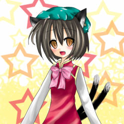 Rule 34 | 1girl, animal ears, auauaua, bad id, bad pixiv id, brown hair, cat ears, cat girl, cat tail, chen, earrings, female focus, hat, jewelry, knm (auauaua), lowres, multiple tails, orange eyes, solo, star (symbol), tail, touhou