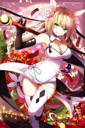 Rule 34 | &gt;:), 1girl, ahoge, animal ears, armpits, bare shoulders, black gloves, blonde hair, braid, breasts, bug, butterfly, china dress, chinese clothes, cleavage, closed mouth, copyright name, copyright request, detached collar, dress, elbow gloves, flower, gloves, hair flower, hair ornament, highres, holding, holding staff, insect, large breasts, leg up, long hair, looking at viewer, low-tied long hair, official art, original, solo, staff, standing, star tattoo, tattoo, thighhighs, v-shaped eyebrows, very long hair, white dress, white thighhighs, yuuki kira