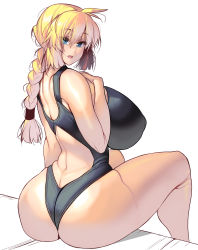 Rule 34 | 1girl, absurdres, ass, back, blonde hair, blue eyes, braid, breasts, butt crack, freckles, highres, huge ass, huge breasts, kouno (masao), long hair, looking at viewer, one-piece swimsuit, open mouth, original, sitting, smile, solo, swimsuit, thick thighs, thighs