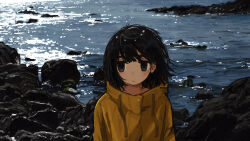 1girl absurdres black_eyes black_hair day expressionless highres ocean original outdoors raincoat short_hair solo uniunimikan upper_body water yellow_raincoat