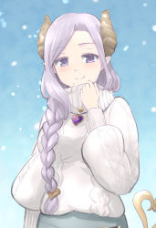 Rule 34 | 1girl, nanashi inc., blush, braid, brooch, closed mouth, demon girl, demon horns, demon tail, haniwa (leaf garden), highres, honey strap, horns, jewelry, long hair, looking at viewer, mole, mole under mouth, outdoors, pointy ears, purple eyes, purple hair, saionji mary, smile, snow, solo, standing, sweater, tail, turtleneck, virtual youtuber
