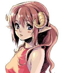 Rule 34 | 1girl, bare shoulders, blush, brown hair, dress, horns, looking at viewer, original, pointy ears, red dress, short hair, simple background, solo, upper body, white background, yuuryuu nagare