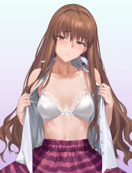 1girl bare_shoulders blush bra breasts brown_eyes brown_hair closed_mouth clothes_pull collarbone das_(dan_dan) fate/extra fate/extra_ccc fate_(series) female_focus kishinami_hakuno_(female) long_hair looking_at_viewer medium_breasts shirt shirt_pull simple_background skirt standing striped_clothes striped_skirt underwear undressing white_bra white_shirt