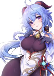 Rule 34 | 1girl, ahoge, bell, black bodysuit, black gloves, blue hair, bodysuit, breasts, commentary request, detached sleeves, ganyu (genshin impact), genshin impact, gloves, hand to own mouth, horns, long hair, looking at viewer, minakami rinka, neck bell, open mouth, pelvic curtain, ponytail, purple eyes, ribbon, simple background, skin tight, solo, thighs, upper body, very long hair, white background, white sleeves