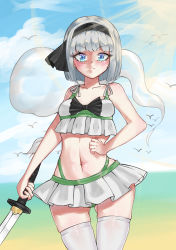 Rule 34 | 1girl, absurdres, bare arms, bare shoulders, beach, bikini, bikini skirt, bird, black bow, blunt bangs, blush, bob cut, bow, breasts, collarbone, commentary request, day, frilled skirt, frills, frown, gluteal fold, hair bow, highres, holding, holding sword, holding weapon, katana, konpaku youmu, konpaku youmu (ghost), littiecy, looking at viewer, navel, ocean, outdoors, seagull, short hair, silver hair, skindentation, skirt, small breasts, solo, stomach, sunlight, swimsuit, sword, thigh gap, thighhighs, touhou, weapon, white skirt, white thighhighs
