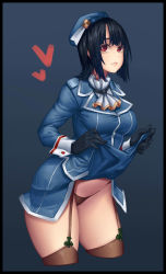Rule 34 | 10s, 1girl, absurdres, ascot, bad id, bad pixiv id, beret, black border, black hair, blue background, blue hat, blue jacket, blue skirt, border, breasts, brown panties, brown thighhighs, closed mouth, clothes lift, cowboy shot, cropped legs, garter straps, hat, heart, highres, jacket, kantai collection, large breasts, leaning forward, lifting own clothes, long sleeves, military, military uniform, naidong (artist), panties, red eyes, short hair, simple background, skirt, skirt lift, smile, solo, takao (kancolle), thighhighs, underwear, uniform, wrist cuffs