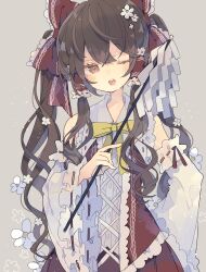 Rule 34 | 1girl, ;o, alternate hairstyle, bow, bowtie, brown eyes, brown hair, commentary, detached sleeves, flower, frilled sleeves, frills, gohei, hair bow, hakurei reimu, hand up, head tilt, highres, holding, holding gohei, long hair, looking at viewer, nikorashi-ka, one eye closed, open clothes, open mouth, open vest, red bow, red skirt, red vest, skirt, solo, teeth, touhou, twintails, upper body, upper teeth only, very long hair, vest, white flower, wide sleeves, yellow bow, yellow bowtie