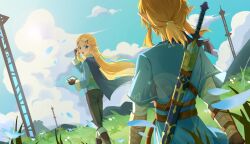Rule 34 | 1boy, 1girl, absurdres, aqua shirt, armor, black pants, blonde hair, blue eyes, blue sky, chinese commentary, cloud, commentary request, day, earrings, from behind, grass, hair ornament, hand in own hair, hand up, highres, holding, jewelry, layered sleeves, link, long hair, long sleeves, looking at another, looking at viewer, looking back, medium hair, nintendo, open mouth, outdoors, pants, parted bangs, plant, pointy ears, princess zelda, qianyu766 (yu jiang), scabbard, sheath, sheathed, shirt, short over long sleeves, short sleeves, sky, smile, standing, sunlight, sword, the legend of zelda, turning head, walking, weapon, weapon on back, wind
