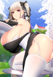 Rule 34 | 1girl, absurdres, ass, azur lane, backless dress, backless outfit, bare shoulders, between breasts, black dress, blue sky, blush, breasts, chixiao, clothes lift, cloud, curvy, day, dress, dress lift, earrings, formidable (azur lane), frilled dress, frills, from side, garter straps, grey hair, hair ribbon, highres, huge breasts, jewelry, lens flare, long hair, looking at viewer, no bra, outdoors, red eyes, ribbon, sideboob, skindentation, sky, solo, strapless, strapless dress, stud earrings, thick thighs, thighhighs, thighs, twintails, two-tone ribbon, very long hair, white thighhighs