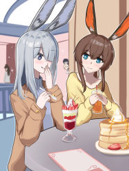 Rule 34 | + +, 2boys, amiya (arknights), animal ear fluff, animal ears, arknights, black hair, blonde hair, blue eyes, blush, brown jacket, closed mouth, collarbone, comic, cream, cup, drink, drinking glass, drinking straw, faust (arknights), food, frostnova (arknights), grey eyes, grey hair, grey sweater, hair between eyes, hair over one eye, hands up, highres, holding, holding cup, holding spoon, indoors, jacket, long hair, long sleeves, mephisto (arknights), multiple boys, pancake, pancake stack, parfait, ponytail, rabbit ears, shirt, sleeves past wrists, smile, spoon, sweater, tofudofu, turtleneck, turtleneck sweater, yellow shirt