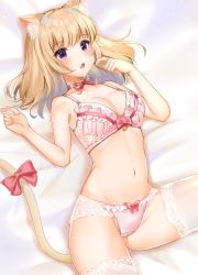 Rule 34 | 1girl, animal ears, bare arms, bare shoulders, bed sheet, blonde hair, bow, bow bra, bow panties, bra, breasts, cat ears, cat girl, cat tail, choker, cleavage, fang, groin, hands up, highres, katsushika pachi, lace, lace-trimmed legwear, lace-trimmed panties, lace trim, looking at viewer, lying, medium breasts, navel, neck ribbon, on back, open mouth, original, panties, pink bra, pink panties, purple eyes, red bow, red choker, red ribbon, ribbon, ribbon choker, solo, stomach, tail, tail bow, tail ornament, thighhighs, thighs, underwear, underwear only, white thighhighs