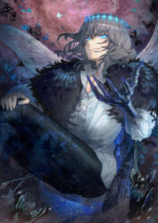 Rule 34 | 1boy, arthropod boy, black cloak, black pants, blue eyes, bug, butterfly, claws, cloak, crossed legs, diamond hairband, dragonfly wings, dress shirt, evil grin, evil smile, fate/grand order, fate (series), feet out of frame, fur-trimmed cloak, fur trim, glowing, glowing eye, grey hair, grin, insect, insect wings, male focus, medium hair, moth, motion blur, na222222, oberon (fate), oberon (third ascension) (fate), open collar, pants, popped collar, shirt, smile, solo, spoilers, white shirt, wings