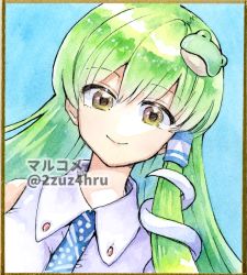 Rule 34 | 1girl, 2zuz4hru, blue background, collared shirt, detached sleeves, frog hair ornament, green hair, hair ornament, japanese clothes, kochiya sanae, looking at viewer, miko, painting (medium), portrait, shirt, smile, snake hair ornament, solo, touhou, traditional media, watercolor (medium), yellow eyes