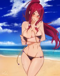 Rule 34 | 1girl, areola slip, bare shoulders, beach, bikini, blazblue, blush, braid, breasts, cloud, covering privates, covering breasts, day, groin, highres, izayoi (blazblue), large breasts, long hair, navel, open mouth, ponytail, red eyes, red hair, sky, solo, standing, swimsuit, tusia, wardrobe malfunction, wet