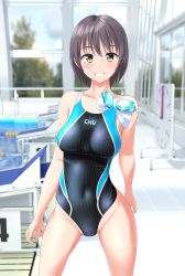 Rule 34 | 1girl, absurdres, black one-piece swimsuit, breasts, brown eyes, clock, clothes writing, commentary request, competition swimsuit, contrapposto, covered navel, cowboy shot, goggles, grey hair, grin, groin, highres, indoors, large breasts, looking at viewer, multicolored clothes, multicolored swimsuit, one-piece swimsuit, original, pool, poolside, short hair, smile, solo, starting block, striped clothes, striped one-piece swimsuit, swimsuit, takafumi, unworn goggles, unworn swim cap