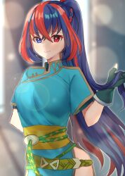 Rule 34 | 1girl, alear (female) (fire emblem), alear (fire emblem), belt, closed mouth, cosplay, dress, edamameoka, fire emblem, fire emblem engage, gloves, heterochromia, highres, long hair, looking at viewer, lyn (fire emblem), lyn (fire emblem) (cosplay), multicolored hair, nintendo, ponytail, side slit, solo, upper body, very long hair
