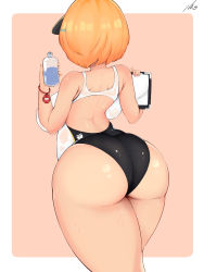 1girl absurdres ass backboob bare_shoulders bottle breasts curvy from_behind frost_serpent_(last_origin) hair_ornament hairclip highres huge_ass kirim kirim_(kihun4070) large_breasts last_origin one-piece_swimsuit orange_hair shiny_clothes shiny_skin short_hair sideboob solo swimsuit thick_thighs thighs water_bottle wide_hips