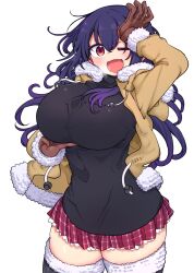 Rule 34 | 1girl, ;d, black shirt, blue hair, blush, breasts, brown gloves, commentary request, cool-kyou shinja, fur-trimmed jacket, fur trim, gloves, gradient hair, highres, jacket, komori-san wa kotowarenai!, komori shuri, large breasts, long hair, looking at viewer, multicolored hair, one eye closed, open clothes, open jacket, open mouth, plaid, plaid skirt, red eyes, red skirt, shirt, skirt, smile, solo, standing, thighhighs, thighs, white background, zettai ryouiki