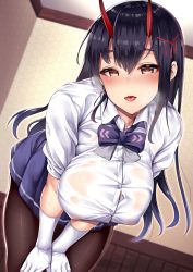 Rule 34 | 1girl, 3104 (3104milkshake), azur lane, black hair, black pantyhose, blue skirt, blush, bow, bowtie, breasts, button gap, collared shirt, gloves, hair between eyes, hair ornament, hands on own thighs, heavy breathing, highres, horns, indoors, large breasts, leaning forward, long hair, looking at viewer, oni horns, open mouth, pantyhose, pleated skirt, purple bow, purple bowtie, ribbon, school uniform, see-through, shirt, sidelocks, skirt, smile, solo, suzuya (azur lane), sweat, taut clothes, taut shirt, tongue, wet, wet clothes, white gloves, white shirt, yellow eyes