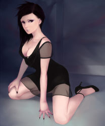 Rule 34 | 1girl, black hair, black nails, breasts, brown eyes, cleavage, earrings, high heels, itori (clarice note), jewelry, lips, long hair, nail polish, original, shoes, solo