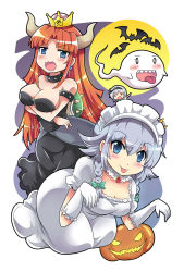 Rule 34 | 2girls, 3girls, armlet, bat (animal), blue eyes, blush stickers, boo (mario), bow, bowsette, bowsette (cosplay), braid, breast hold, breasts, cleavage, collar, colonel aki, commentary request, cosplay, crown, earrings, elbow gloves, fang, full moon, ghost, gloves, green eyes, hair between eyes, hair bow, hairband, halloween, highres, hong meiling, horns, izayoi sakuya, jack-o&#039;-lantern, jewelry, konpaku youmu, large breasts, long hair, luigi&#039;s mansion, maid headdress, mario (series), mini crown, moon, multiple girls, new super mario bros. u deluxe, nintendo, princess king boo, princess king boo (cosplay), red hair, sharp teeth, silver hair, smile, spiked armlet, spiked collar, spikes, teeth, tongue, tongue out, touhou, turtle shell, twin braids, wrist cuffs