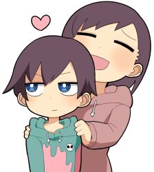 Rule 34 | 1boy, 1girl, :d, age difference, blue eyes, blue hoodie, blush, boku no kokoro no yabai yatsu, bright pupils, brother and sister, brown hair, brown hoodie, closed mouth, commentary request, drawstring, frown, heart, hood, hood down, hoodie, hospital king, ichikawa kana, ichikawa kyoutarou, looking to the side, medium bangs, medium hair, open mouth, ringed eyes, siblings, simple background, skull print, smile, teenage girl and younger boy, upper body, white background, white pupils