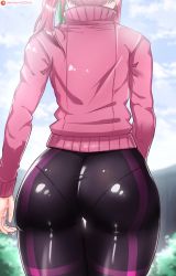 Rule 34 | 1girl, ass, ass focus, from behind, hair ribbon, highres, huge ass, jacket, leggings, long hair, o22no, original, pantylines, pink hair, ponytail, ribbon, shiny clothes, solo, spandex, track jacket