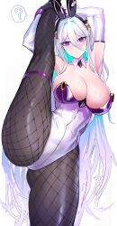 Rule 34 | 1girl, absurdres, animal ears, armpit crease, armpits, arms up, azur lane, bare shoulders, black gloves, breasts, cleavage, closed mouth, collarbone, expressionless, fake animal ears, fishnet pantyhose, fishnets, flexible, gloves, hair between eyes, highres, kaki z3, kearsarge (all night charge) (azur lane), kearsarge (azur lane), large breasts, leg lift, leg up, leotard, long hair, looking at viewer, official alternate costume, pantyhose, playboy bunny, purple eyes, rabbit ears, simple background, solo, split, standing, standing on one leg, standing split, strapless, strapless leotard, thick thighs, thigh strap, thighs, very long hair, white background, white hair