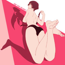 Rule 34 | 00s, 1girl, ass, back, barefoot, black bra, black panties, bob cut, bra, breasts, brown eyes, brown hair, demon horns, demon wings, different shadow, english text, feet, foreshortening, from behind, full body, gake no ue no ponyo, grin, holding, holding bra, holding clothes, holding underwear, horns, jas (littlecrime), legs, lisa (ponyo), looking at viewer, looking back, lying, nail polish, on stomach, open bra, panties, red eyes, shadow, short hair, smile, soles, solo, the pose, toenail polish, toenails, toes, topless, underwear, underwear only, unfastened, wings