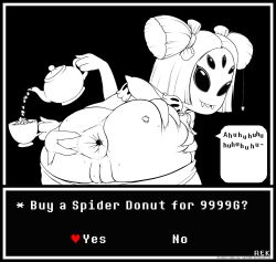 Rule 34 | 1girl, anus, ass, bug, extra arms, extra eyes, fake screenshot, fangs, highres, arthropod girl, looking at viewer, looking back, monochrome, monster girl, muffet, multi limb, puffy short sleeves, puffy sleeves, pussy, short sleeves, short twintails, spider, spider girl, spread anus, twintails, undertale
