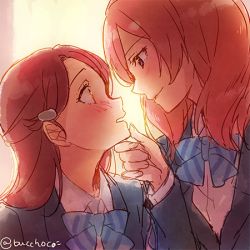 Rule 34 | 10s, 2girls, blush, buccho (bucchoco), eye contact, hand on another&#039;s chin, in-franchise crossover, looking at another, love live!, love live! school idol project, love live! sunshine!!, lowres, multiple girls, nishikino maki, red hair, sakurauchi riko, sketch, smile, twitter username, yuri