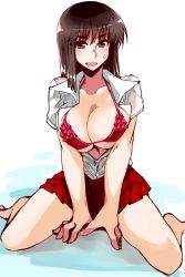 Rule 34 | 00s, 1girl, :d, barefoot, bikini, bikini under clothes, black eyes, black hair, breasts, cleavage, collarbone, cosaten, female focus, frilled bikini, frills, highres, large breasts, navel, open clothes, open mouth, open shirt, pleated skirt, red bikini, red skirt, school rumble, shirt, simple background, sitting, skirt, smile, solo, suou mikoto (school rumble), swimsuit, swimsuit under clothes, wariza