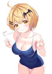 Rule 34 | 1girl, absurdres, ahoge, bat hair ornament, blonde hair, blue one-piece swimsuit, blush, breasts, brown eyes, cleavage, closed mouth, collarbone, covered navel, esuorder, fang, hair ornament, hairclip, highres, hololive, large breasts, looking at viewer, new school swimsuit, one-piece swimsuit, school swimsuit, short hair, simple background, skin fang, smile, solo, swimsuit, virtual youtuber, white background, yozora mel