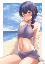 Rule 34 | 1girl, absurdres, artist name, bare shoulders, beach, black hair, blush, border, braid, breasts, closed mouth, cloud, cloudy sky, commentary request, day, flower, hair flower, hair ornament, halterneck, highres, idolmaster, idolmaster shiny colors, kebohan, long hair, looking at viewer, medium breasts, miniskirt, morino rinze, navel, off shoulder, outdoors, outside border, pleated skirt, purple skirt, red eyes, shirt, skirt, sky, smile, solo, stomach, white border, white shirt