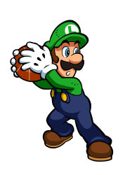 Rule 34 | 1boy, ball, basketball, basketball (object), big nose, blouse, blue eyes, blue overalls, facial hair, gloves, green hat, green shirt, hat, highres, luigi, male focus, mario (series), mustache, nintendo, official art, overalls, shirt, simple background, solo, white background, white gloves