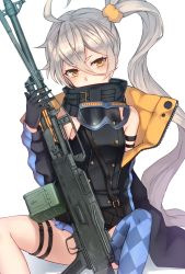 Rule 34 | 1girl, ahoge, arm support, asymmetrical legwear, bad id, bad pixiv id, bare shoulders, black footwear, blush, covered mouth, expressionless, girls&#039; frontline, gloves, goggles, goggles around neck, gun, hair between eyes, head tilt, holding, holding gun, holding weapon, jacket, long hair, looking at viewer, machine gun, magazine (weapon), pkp (girls&#039; frontline), pkp pecheneg, ryuinu, side ponytail, silver hair, simple background, single thighhigh, sitting, solo, strap, thigh strap, thighhighs, tsurime, uneven legwear, very long hair, weapon, white background, yellow eyes