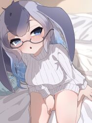 1girl :&lt; aqua_hair bare_legs blowhole blue_eyes blue_hair blue_whale_(kemono_friends) blush cetacean_tail dress fins fish_tail from_above glasses grey_hair highres kemono_friends long_sleeves looking_at_viewer looking_up multicolored_hair no_legwear on_bed open_mouth sarutori semi-rimless_eyewear solo sweater sweater_dress tail turtleneck turtleneck_sweater whale_girl white_sweater