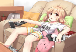 Rule 34 | 10s, 1girl, arm rest, blonde hair, book, book stack, candy, cellphone, clothes writing, controller, couch, electrical outlet, electrical outlet, europlug, food, futaba anzu, handheld game console, idolmaster, idolmaster cinderella girls, indoors, lollipop, long hair, looking at viewer, low twintails, phone, pillow, plant, playstation vita, pot, potted plant, power strip, red eyes, remote control, shirt, short sleeves, shorts, sitting, smartphone, solo, striped, stuffed animal, stuffed toy, superpig, superpig (wlstjqdla), twintails, white shirt