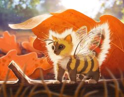 Rule 34 | animal focus, antennae, artist name, autumn leaves, backlighting, blurry, blurry background, cat, commentary, copyright notice, creature, english commentary, eskiworks, fusion, insect wings, kitten, no humans, on tree, original, outdoors, photo-referenced, striped fur, tagme, watermark, wings