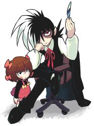 Rule 34 | 1boy, 1girl, age difference, black eyes, black hair, black jack, black jack (character), black jack (series), blush, blush stickers, bow, brown hair, chair, child, crossed legs, formal, gashi-gashi, hair bow, hair over one eye, head rest, jacket, unworn jacket, multicolored hair, multiple hair bows, office chair, pink bow, pinoko, red eyes, red hair, ribbon, scalpel, scar, short hair, simple background, sitting, size difference, spiked hair, split-color hair, stitches, swivel chair, two-tone hair, white background, white hair
